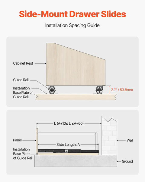 Installation spacing guide for Tough As Nails Undermount Drawer Slides Full Extension Ball Bearing System.