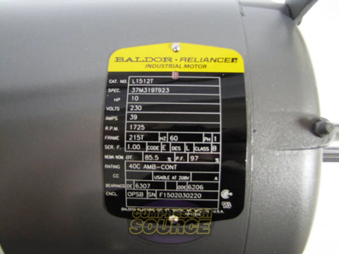 Label on General Purpose Single-Phase AC Motor 10 HP 1725 RPM 230V 60Hz 215T OPSB Enclosure Copper Windings