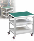 Heavy Hitting Antistatic Workbench With Easy Roll Caster Wheels Three Tier Solid Aluminum Storage Shop Table, green top, in workshop.