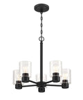 Five Light Indoor Chandelier in Matte Black Finish With Clear Glass Cool Modern Vibe For Dining Rooms And Foyers