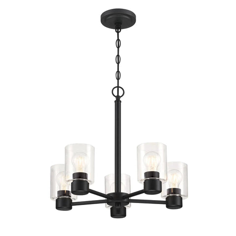 Five Light Indoor Chandelier in Matte Black Finish With Clear Glass Cool Modern Vibe For Dining Rooms And Foyers