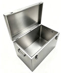 Bulletproof Industrial Stainless Steel Tool Box Heavy Duty Portable Metal Storage Crate open view with internal space for tools.