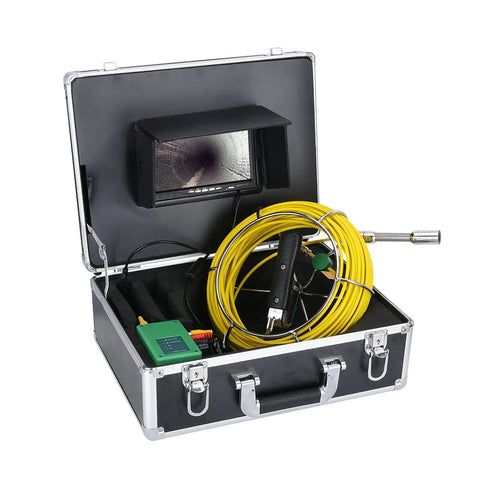 Heavy Duty Industrial Pipe Inspection Camera With 7 Inch Monitor Dual Lens 1080p HD IP68 Waterproof Sewer Drain Crawler Probe Kit in open case.