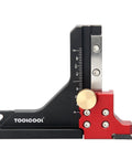 Side view of Table Saw Height Gauge And Router Depth Gauge Set With Scriber Marking Tool For Quick Pro Level Blade And Bit Settings, Imperial Measurements, Easy Layout Transfer, featuring black aluminum body and brass knobs.