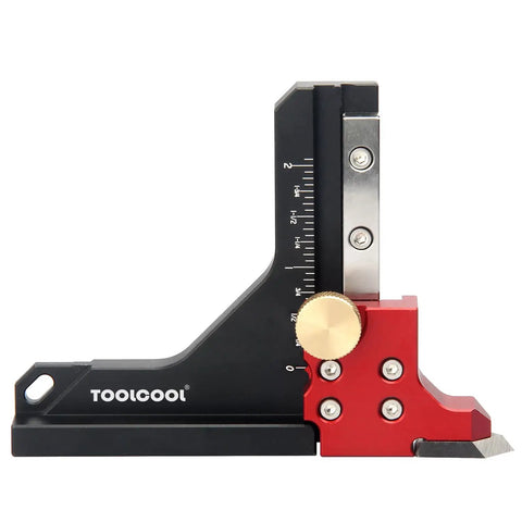 Side view of Table Saw Height Gauge And Router Depth Gauge Set With Scriber Marking Tool For Quick Pro Level Blade And Bit Settings, Imperial Measurements, Easy Layout Transfer, featuring black aluminum body and brass knobs.