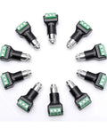 Top Tier 3.5 Mm Panel Mount Female Terminal Block Stereo Audio Connector group of 10 with black housing and green screw terminals.