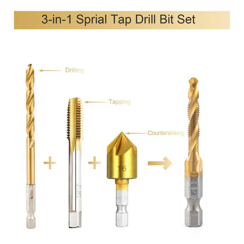 Beast Titanium-Coated High Speed Steel Drill And Tap Bits Set with Quick Change Adapter, 3-in-1 bit tool for drilling, tapping, countersinking
