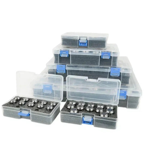 Premium ER11-40 High Precision Tool Holder Collet Chuck Set With Tight 0.008-0.015mm Tolerance For Drills Milling Cutters And Reamers Made From High Carbon Steel in storage boxes.