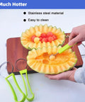 4 In 1 Stainless Steel Fruit Carving Tools Set with melon baller in use, carving intricate shapes in watermelon, green handle visible.