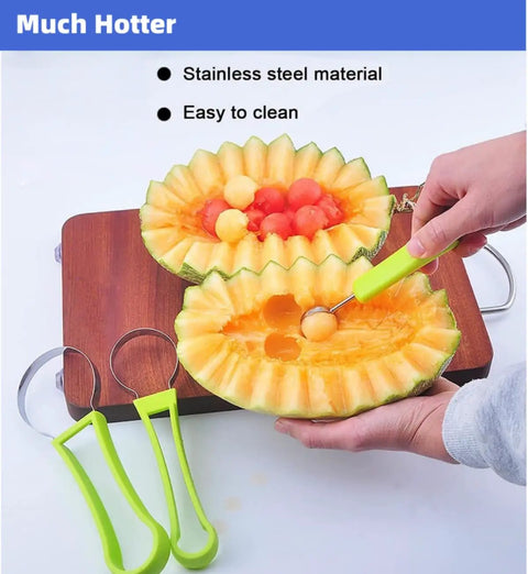 4 In 1 Stainless Steel Fruit Carving Tools Set with melon baller in use, carving intricate shapes in watermelon, green handle visible.