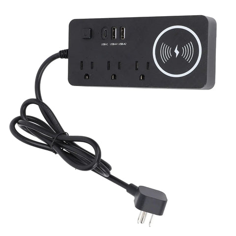 Close-up of the 7 In 1 Power Strip Surge Protector With 30W Rapid Charging, showing 3 AC outlets and USB ports.