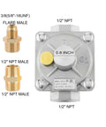 Gas pressure regulator with 1/2 in NPT inlet/outlet and 2 brass adapters for natural gas and LPG appliances