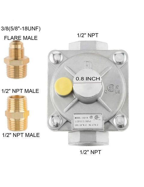 Gas pressure regulator with 1/2 in NPT inlet/outlet and 2 brass adapters for natural gas and LPG appliances