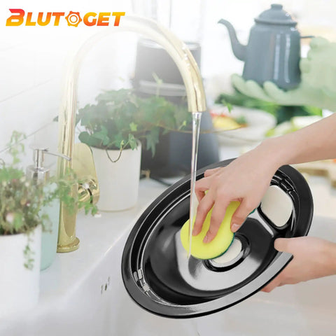 Person washing Porcelain Burner Drip Pan Bowls 2 Pack 8 Inch And 2 Pack 6 Inch Black Porcelain Electric Stove Drip Pans Fits Whirlpool Electric Ranges Mess Free And Spill Proof Replacement Set in kitchen sink