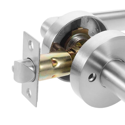 Close-up of aluminum entry door lever lock with lowkey quiet operation and enhanced security keyed interior and exterior door hardware.