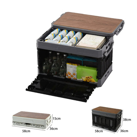 Huge Capacity Folding Storage Bin Built Like A Tank Stackable Wooden Lid Camping Crate with beverages and snacks inside.