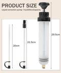 Heavy Duty Auto Fluid Extractor Pump With Non Drip Silicone Tubes For Slick Power Steering And Brake Oil Transfer Zero Mess Essential Tool For Every Backyard Builder showing dimensions and liquid extraction capacity.