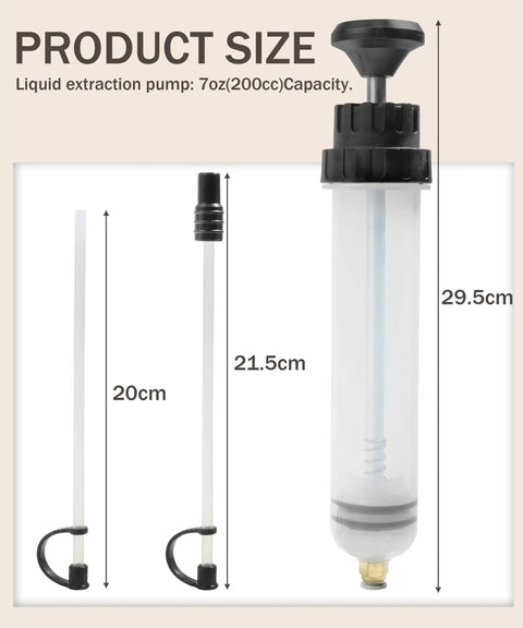 Heavy Duty Auto Fluid Extractor Pump With Non Drip Silicone Tubes For Slick Power Steering And Brake Oil Transfer Zero Mess Essential Tool For Every Backyard Builder showing dimensions and liquid extraction capacity.
