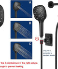 High Pressure Shower Head With Hose And Handheld Spray 3 Settings Push Button Flow Control 8 Inch Matte Black Stainless Steel Rain Shower Combo Built For Big Rain Power And Easy Clean image showing assembly and spray patterns.