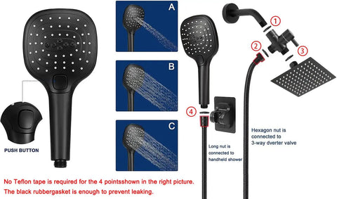 High Pressure Shower Head With Hose And Handheld Spray 3 Settings Push Button Flow Control 8 Inch Matte Black Stainless Steel Rain Shower Combo Built For Big Rain Power And Easy Clean image showing assembly and spray patterns.