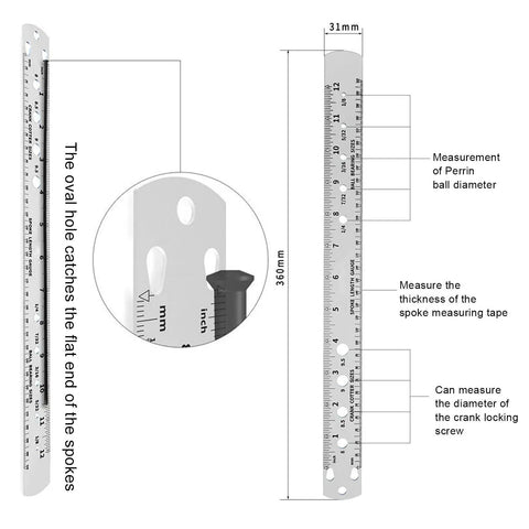 Top Shelf Stainless Steel Bike Spoke Length Gauge And Nipple Size Ruler For Cotter Pins And Bearings Dead On 360Mm double sided ruler with measurements.