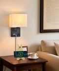Plug In Wall Sconce Hits Different With Touch Dimmer, Matte Black Metal Base Wrapping Soft Cream Fabric Drum Shade, bedside lamp with USB charging.