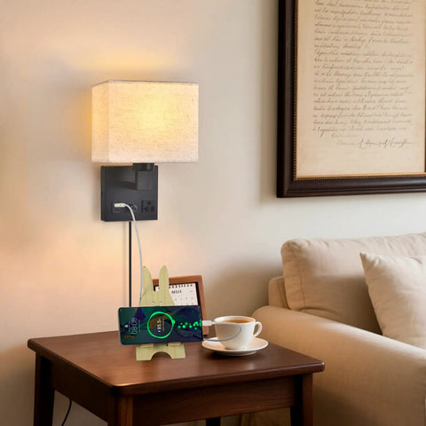 Plug In Wall Sconce Hits Different With Touch Dimmer, Matte Black Metal Base Wrapping Soft Cream Fabric Drum Shade, bedside lamp with USB charging.