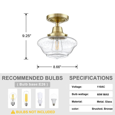 Industrial Semi Flush Mount Ceiling Light With Clear Seeded Glass And Dope Brushed Brass Finish 9.25x8.66 inches