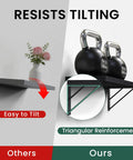 Straight Up Sleek Wall Mounted Floating Shelves In Matte Black Solid Set Of Four shows shelf support with kettlebells and flowers.