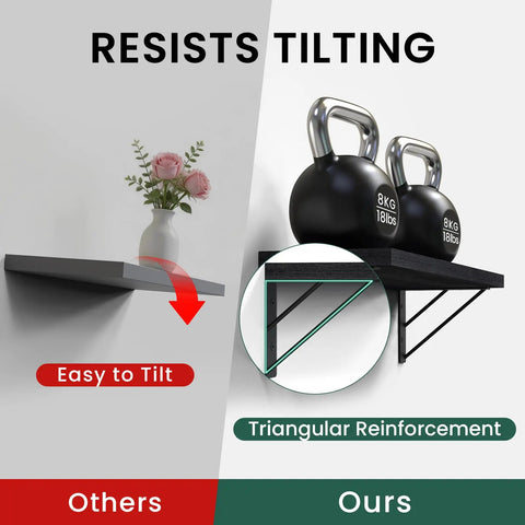 Straight Up Sleek Wall Mounted Floating Shelves In Matte Black Solid Set Of Four shows shelf support with kettlebells and flowers.