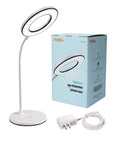 Eye Caring LED Desk Lamp With 3 Color Modes No Glare And Four Brightness Levels Dimmable With Adapter Touch Control And 360 Degree Flexible Neck Ideal For Home Office And Study Desks next to box and adapter
