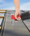 Air Powered Hydraulic Pop Rivet Gun Kit For Auto Body And Metalwork, Pro Grade Pneumatic Rivet Tool With Durable Stainless Steel And Aluminum Build, Easy Grip Trigger, Smooth Riveting For Fast, Heavy Duty Results, red and black hand tool on metal roofing