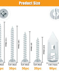 180Pcs Self Drilling Drywall Anchors And Screws Kit showing size dimensions and quantities for each type in the kit