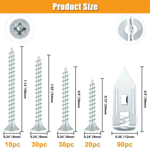 180Pcs Self Drilling Drywall Anchors And Screws Kit showing size dimensions and quantities for each type in the kit