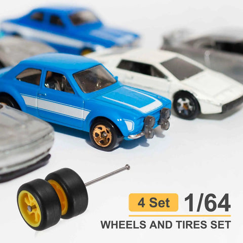 7-Spoke Yellow Black Wheel And Tire Set with Diecast Cars for 1/64 RC Diecast Cars and DIY Models Upgrade Your RC Build