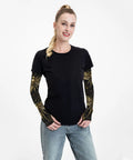 Beat The Blazing Heat With These Premium Cooling Arm Sleeves Featuring A Dope Steampunk Mechanical Bee Gears Print And Solid Thumbhole Grip For UV Blocking Outdoor Workouts, worn by a woman.