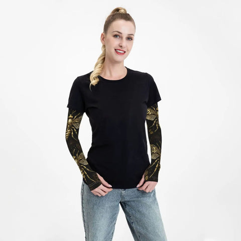 Beat The Blazing Heat With These Premium Cooling Arm Sleeves Featuring A Dope Steampunk Mechanical Bee Gears Print And Solid Thumbhole Grip For UV Blocking Outdoor Workouts, worn by a woman.