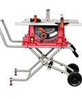 Heavy Duty 10 Inch Sliding Table Saw With 110V Motor And Quick Clamping Rip Fence, red and silver design with wheels for mobility.
