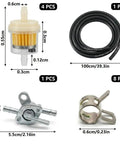 Components of Three Sixteenths Inch Fuel Line Gas Filter Kit With 5mm Inline Fuel Filters, Shut Off Valve Petcock, hose, and clamps