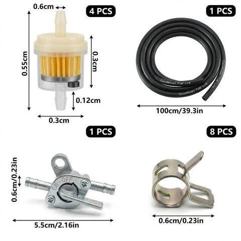 Components of Three Sixteenths Inch Fuel Line Gas Filter Kit With 5mm Inline Fuel Filters, Shut Off Valve Petcock, hose, and clamps