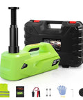 Electric Car Jack 5 Ton 12V Hydraulic Lift With LED Light And Built In Safety Hammer, carrying case, and accessories.