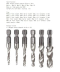 Six Piece Combination Tap And Drill Set Featuring Quarter Inch Hex Shank HSS Metric Threading Taps M3 To M10 Countersink Bits, metallic finish.