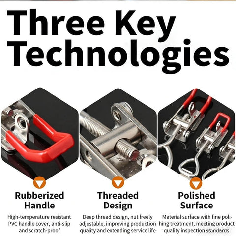 Components of Four Piece Quick Release Latch Clamp Set in 304 Stainless Steel with rubberized handle, threaded design, polished surface.