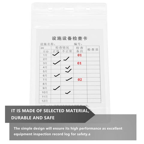 Pro Grade Industrial Equipment Safety Inspection Tags Set With Waterproof PVC Sleeves showing maintenance log with checkmarks.