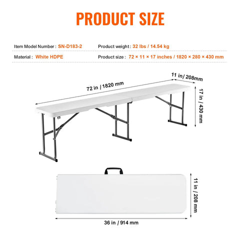 Six Foot Plastic Folding Bench Set With Handles, Portable HDPE Waterproof Outdoor Seating size diagram and handle view