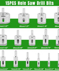 Diamond hole saw drill bit set, 15-piece, front view; tile/ceramic use, sizes 6–50 mm, silver metal