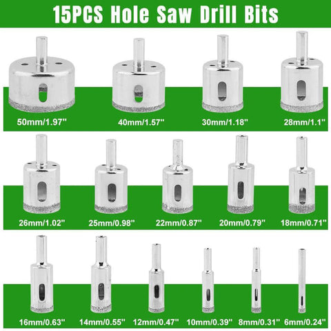 Diamond hole saw drill bit set, 15-piece, front view; tile/ceramic use, sizes 6–50 mm, silver metal