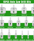 Adjustable Diamond Hole Saw Set With Double Suction Cup Guide Jig And Precision Core Drill Bits For Ceramic Glass Tile, 15 drill bits sizes shown.