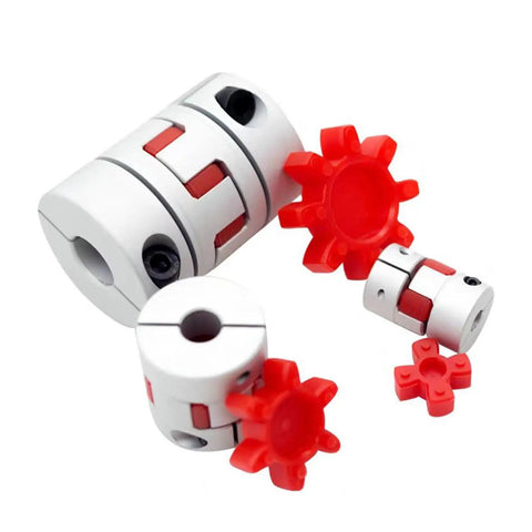 Heavy Duty Plum Flexible Shaft Coupling For CNC Machines 14Mm To 38Mm Bore Aluminum Alloy Jaw Connector with alternating red details.