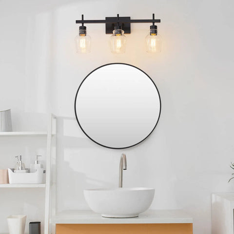 5-Piece All-In-One Matte Black Bathroom Set With 3-Light Vanity Fixture Featuring Seeded Glass Shades Plus modern round mirror